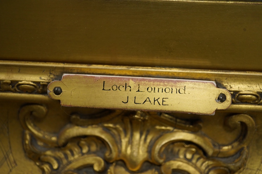 James Lake, oil on canvas, ‘Loch Lomond’, signed, applied plaque to frame, 65 x 50cm, ornate gilt frame. Condition - good, minor losses to frame